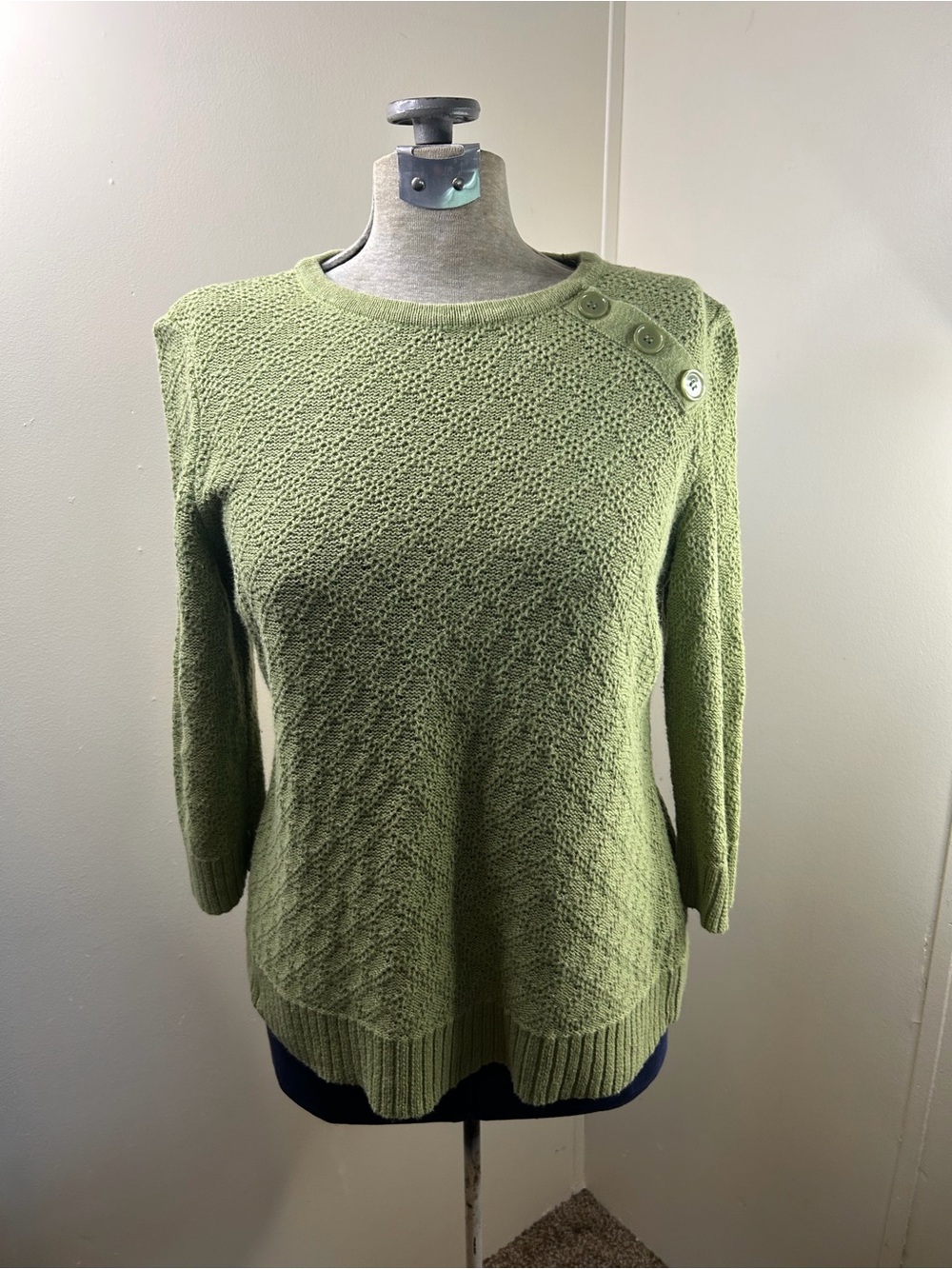 Sage Green Sweater w/3 Buttons on Shoulder